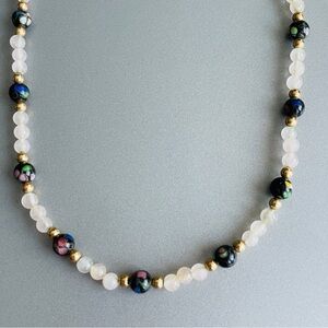 14k Gold Vintage Cloisonné & Pink Agate Beaded Necklace